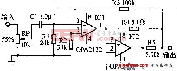 OPA2132组成的耳机放大功放电路图