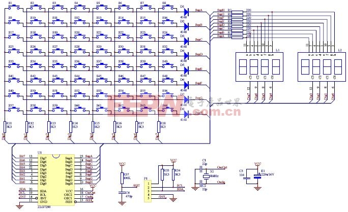 ZLG7290应用电路及功能方框图