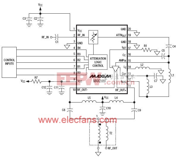 MAX2055应用电路(差分模数转换器(ADC)驱动器/放大
