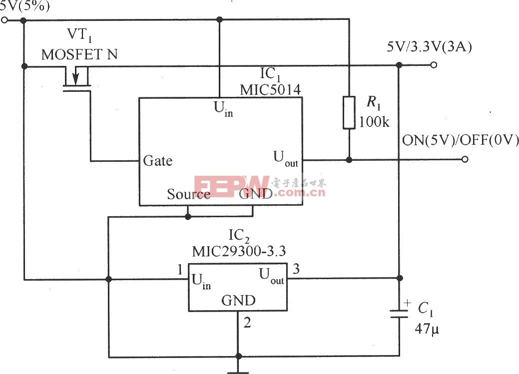 MIC29300-3.3和MIC5014构成的具有开关稳压器的效率和线性稳压器