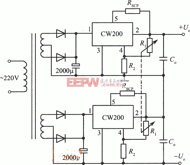 正、负输出电压集成稳压电源(CW200)电路