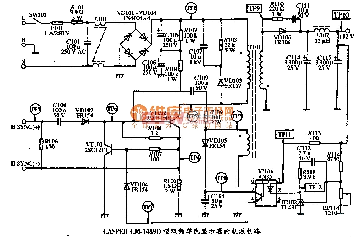 CASPER CM-1489型双频单色显示器的电源电路