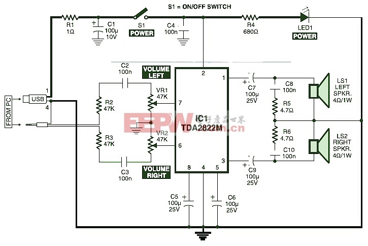 USB供电，立体声电脑音箱电路图