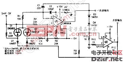 具有方波和三角波输出的10Hz-10KHz压控振荡器（VCO）