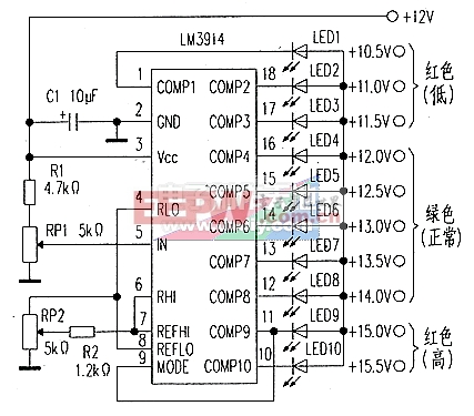 LM3914制作汽车蓄电池检测器电路图LM3914 power indicator