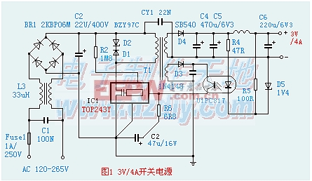 TOP243制作的3V/4A 高效率开关稳压电源电路图TOP243 power supply