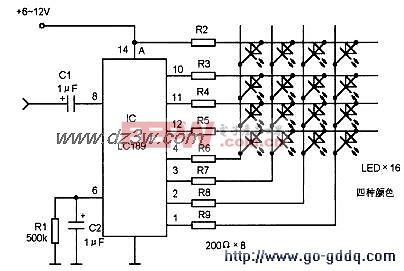 LC189构成的4×4矩阵音频调制彩灯控制电路图