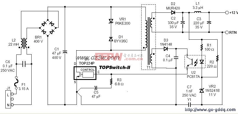 单片开关电源TOP227与TOP221应用电路图解（一）