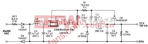 输出为12V、120 mA的非隔离电源电路