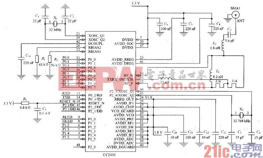 2.4 GHz 射频系统单芯片CC2430的基本电路图
