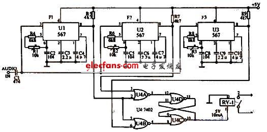 利用三种音调的通断控制开关电路图