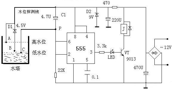 555芯片组成的两根信号线水位控制电路图
