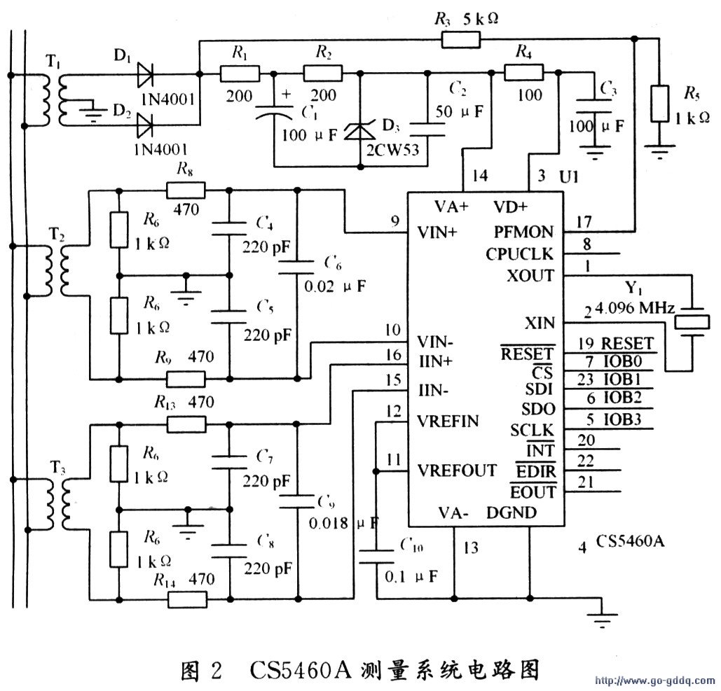 CS5460A在单电源模式下单相2线系统的功率测量电路图