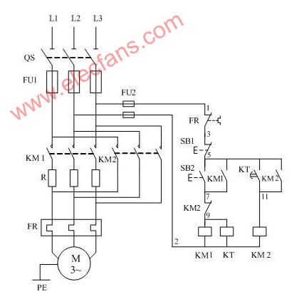 电动机定子串联电阻降压起动控制电路图