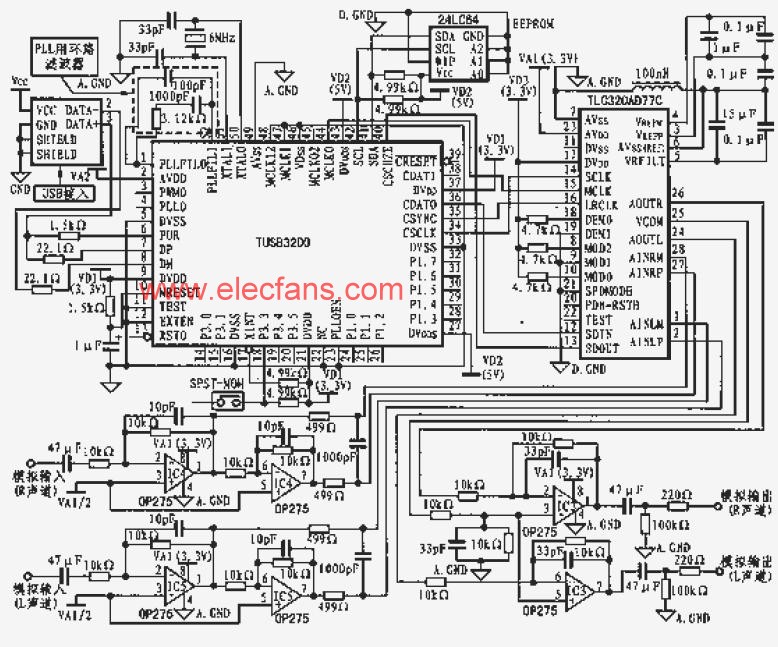 TUSB3200双声道播放/录入应用电路图