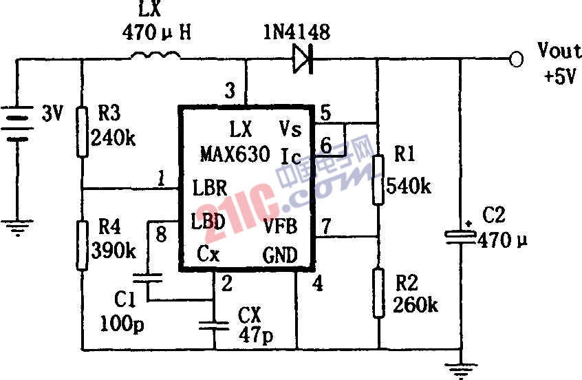 MAX630构成的频率自动偏移的升压变换电源电路