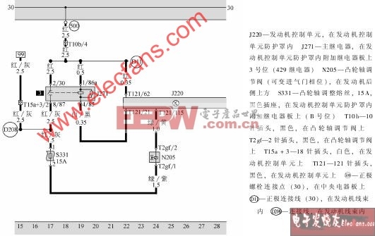 发动机控制单元、主继电器和凸轮轴调节阀电路