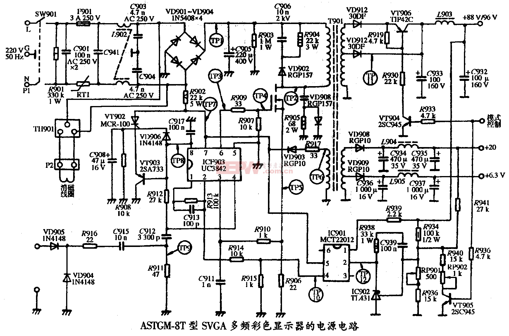 12、AST GM-8T型SVGA彩色显示器的电源电路图