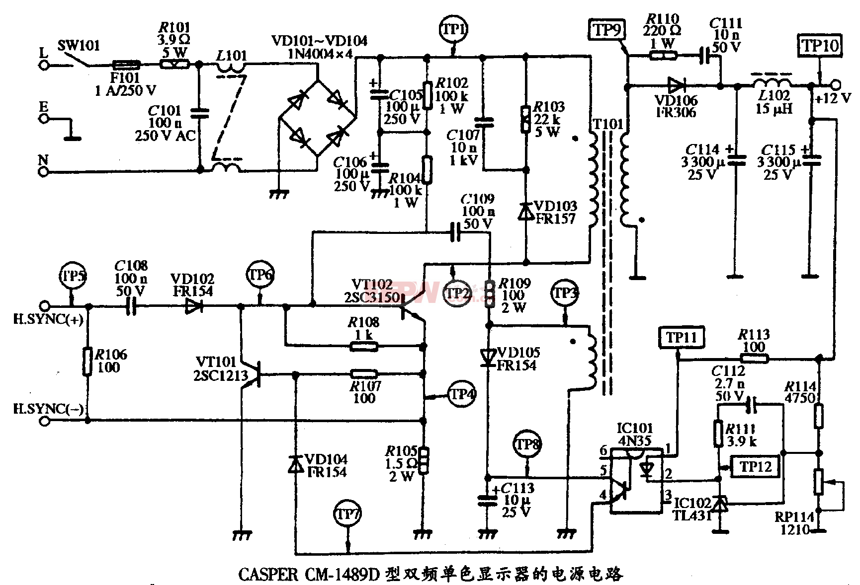 21、CASPER CM-1489型双频单色显示器的电源电路图