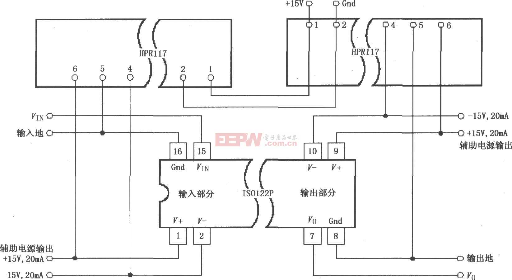 ISO122P／124具有三端口的电源隔离放大电路图