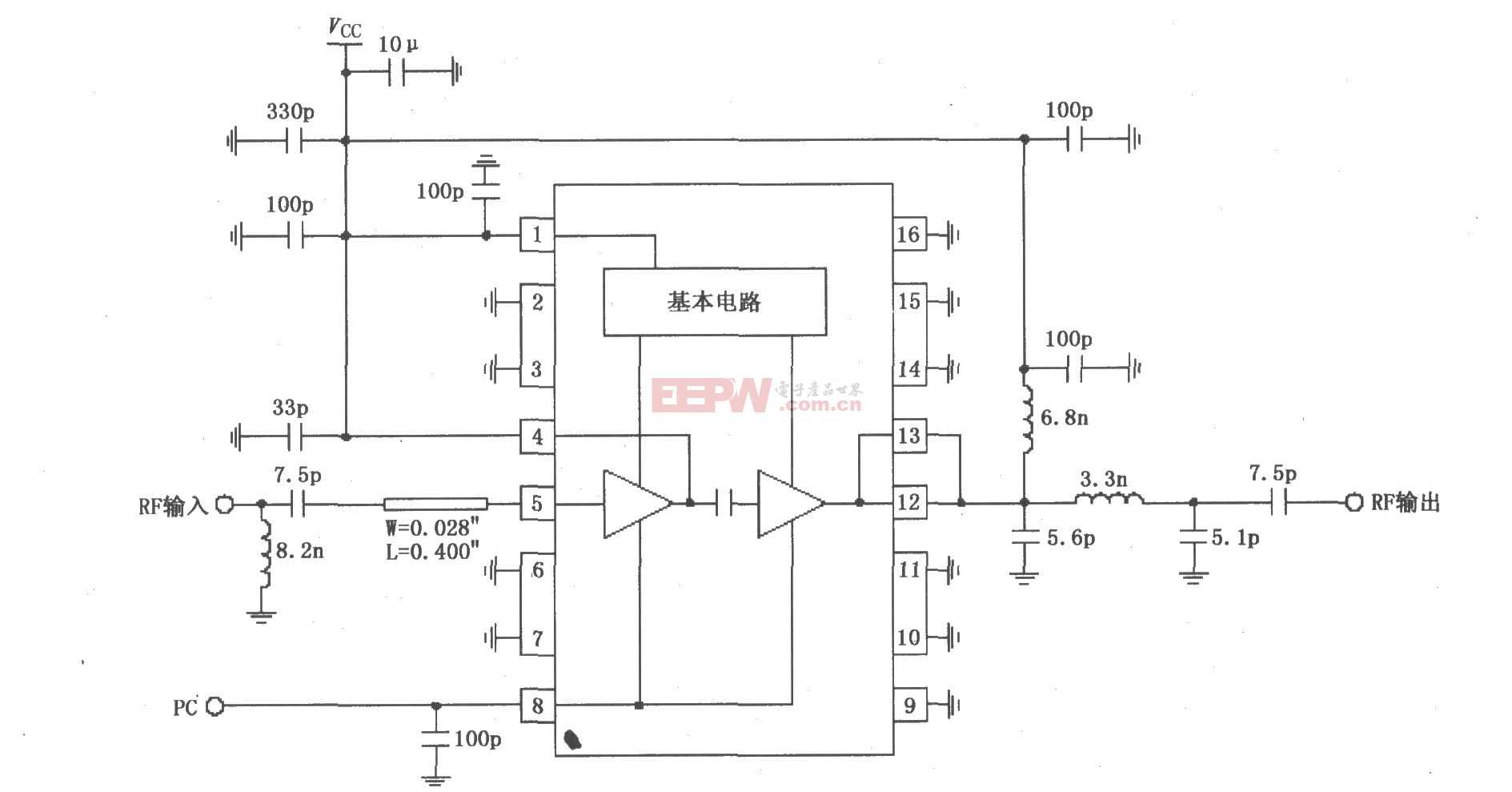 RF2104构成的915MHz中功率放大器原理电路图