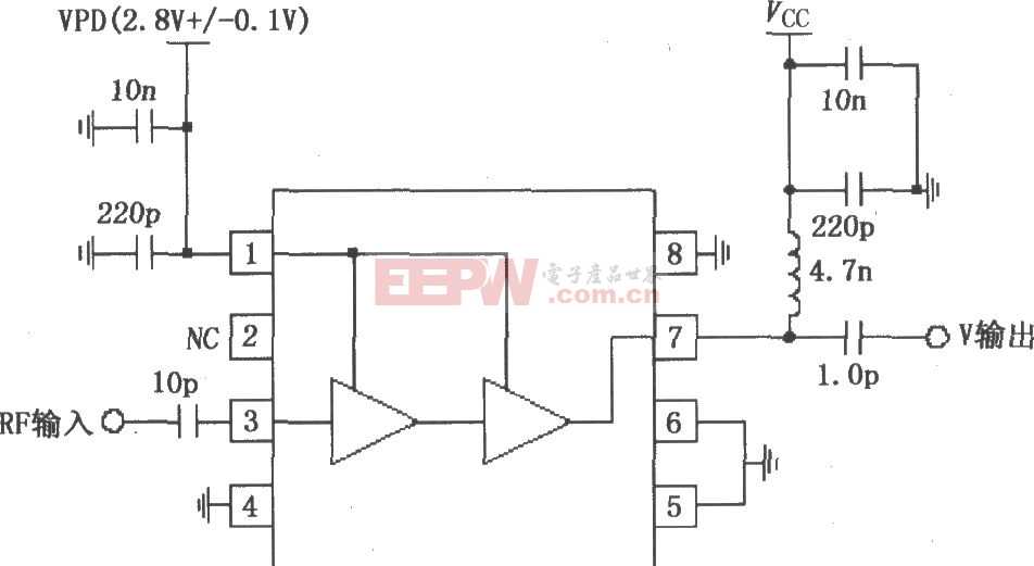 RF2324构成的1880MHz内部集电极偏置放大器应用电路图