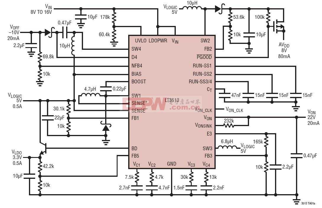 用于 TFT-LCD 屏的 5V 输出稳压器：5V / 0.5A、22V/20mA、-10V/20mA、3.3V/0.5A、8V/80mA