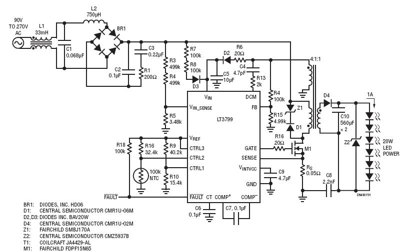 采用 LT3799 的 TRIAC 可调光 20W 离线式 LED 驱动器