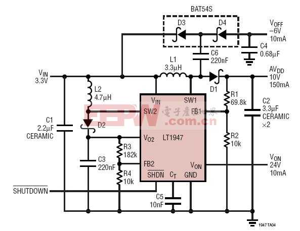 TFT-LCD 偏置发生器：10V、24V、-6V 输出