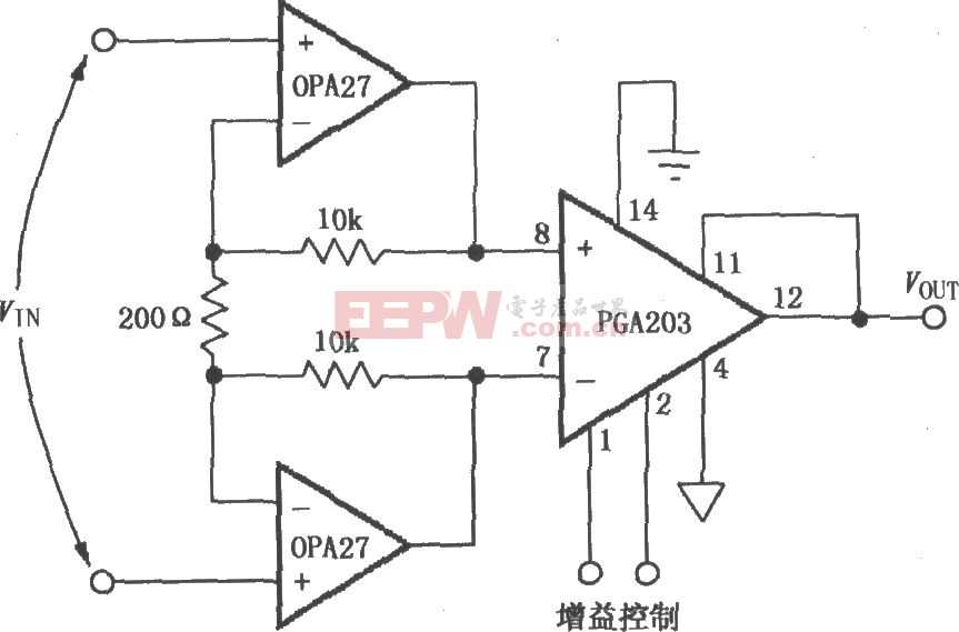 由PGA203与OPA27构成的低噪声差分放大器电路