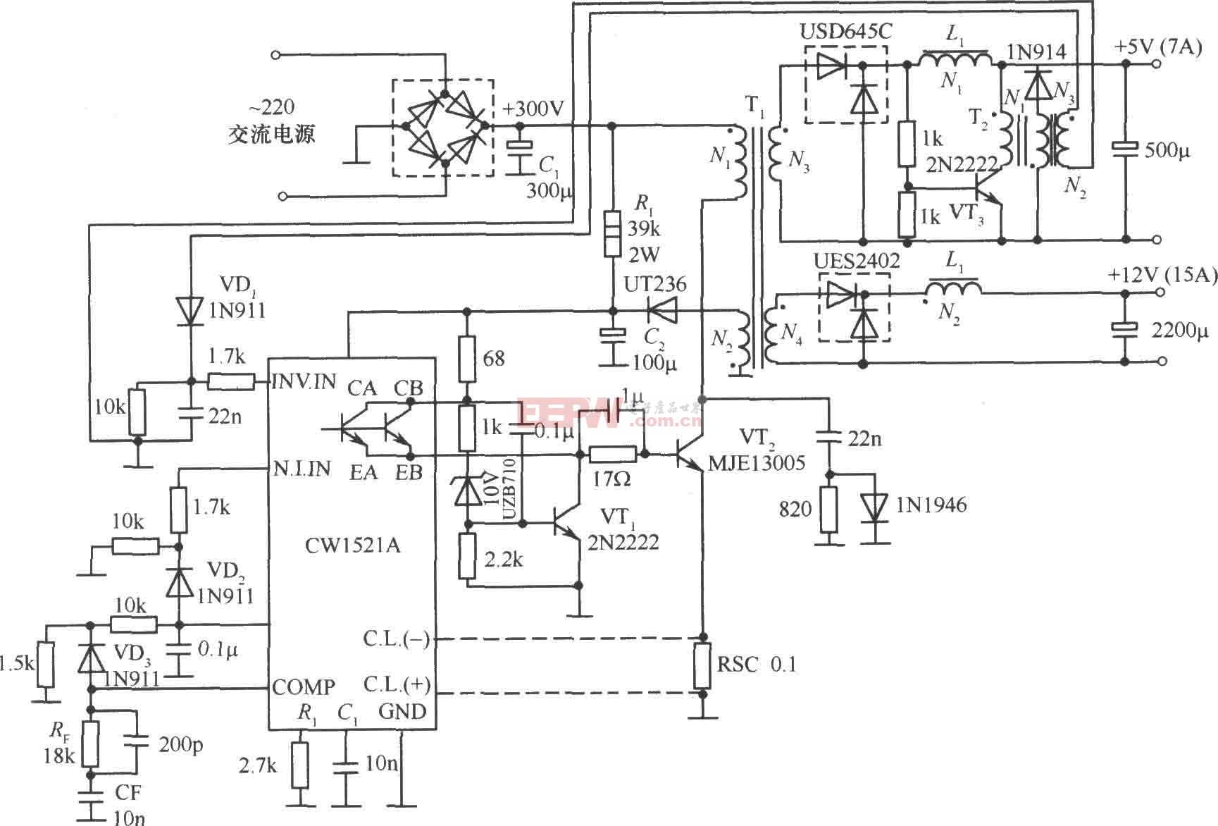 由CW1524A制作的单端正激变换隔离式开关稳压电源电路